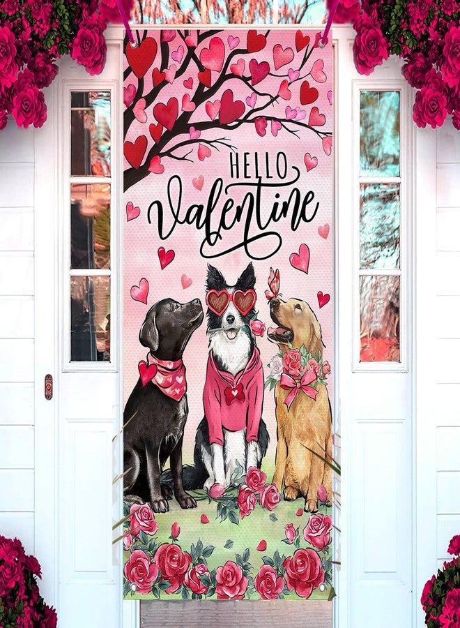 Bolisom Hello Valentine's Day Dogs Door Cover Decorations, Pink Red Love Heart Tree Rose Flower Front Door Banner Background Pet Lover Gift, Anniversary Wedding Indoor Outdoor Home Decor 3 x 6 FT - Image 1